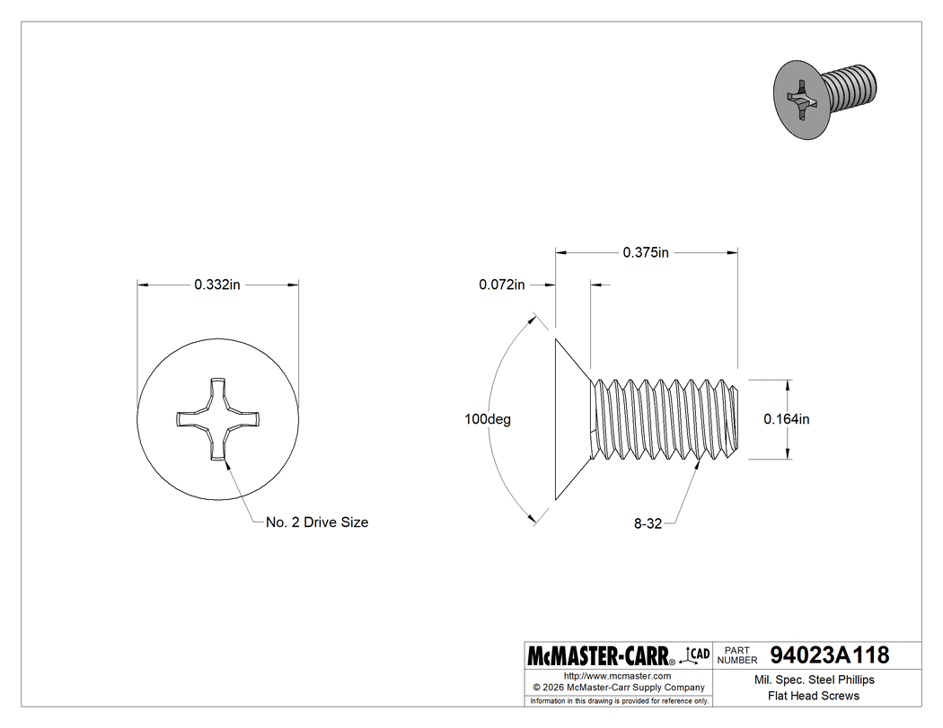 Technical Drawing of Mil. Spec. Steel Phillips Flat Head Screws, Cadmium-Plated, 100 Degree Countersink, 8-32 Thread, 3/8" Long.
